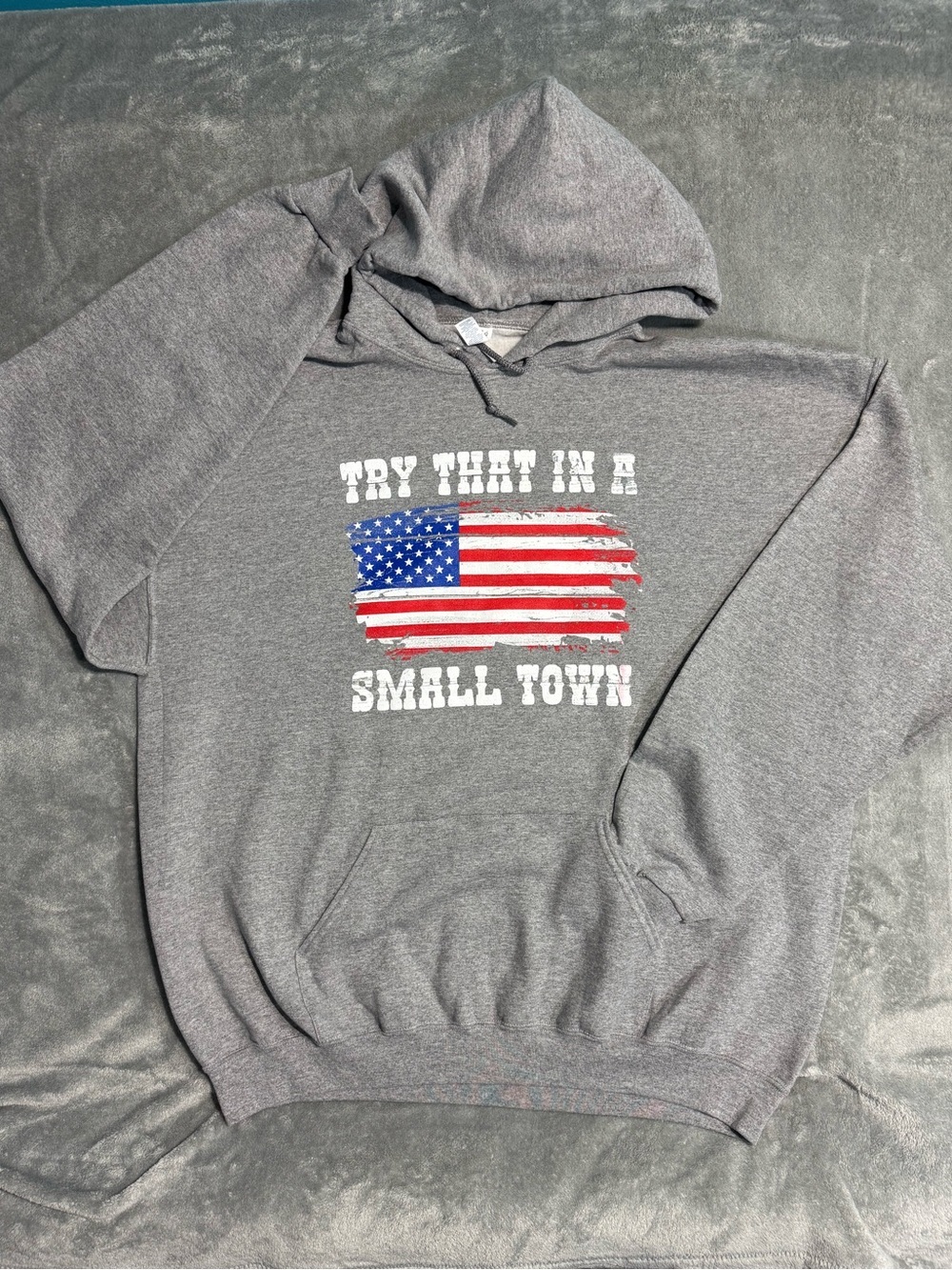 Jerzees Gray Hoodie with American Flag Graphic